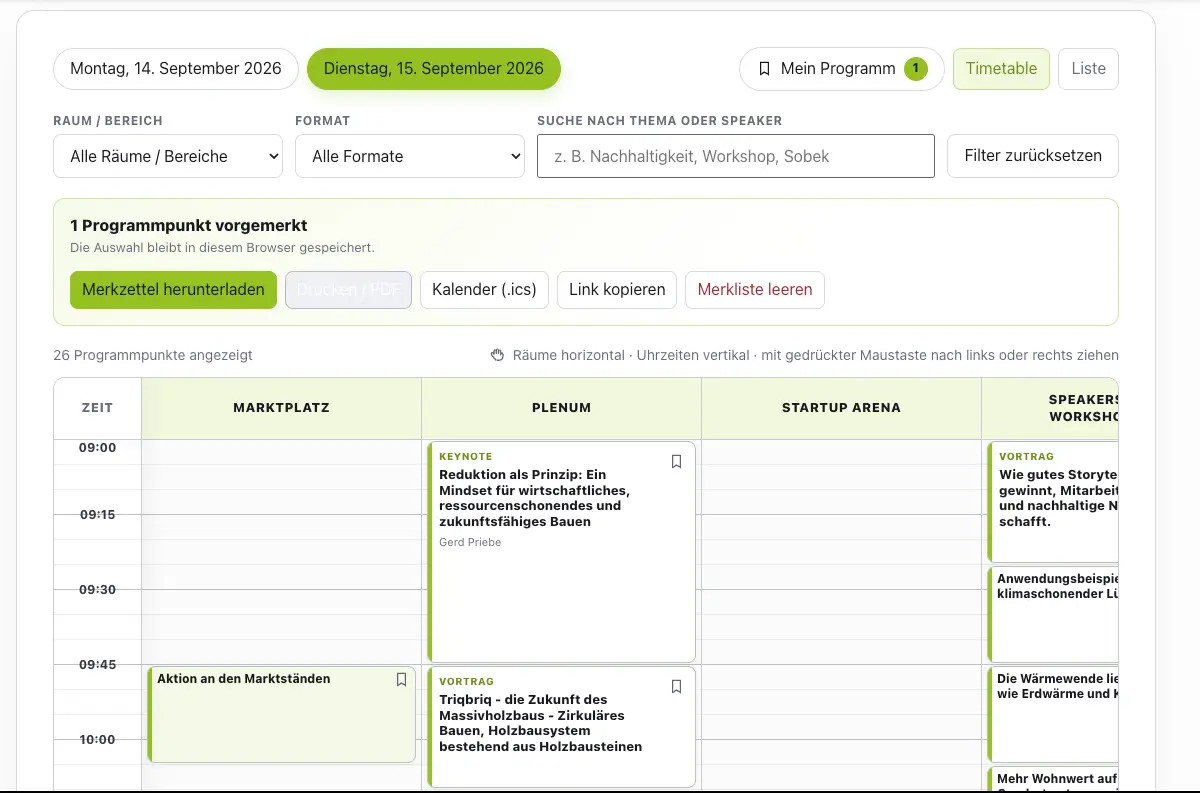 Interaktive Programm-Agenda einer Veranstaltung mit Timetable, Filtern und Merkzettel