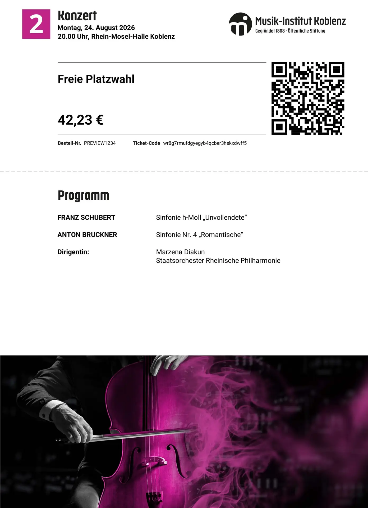 Beispiel-E-Ticket von VR Ticket für ein Konzert des Musik-Instituts Koblenz mit QR-Code und Programm