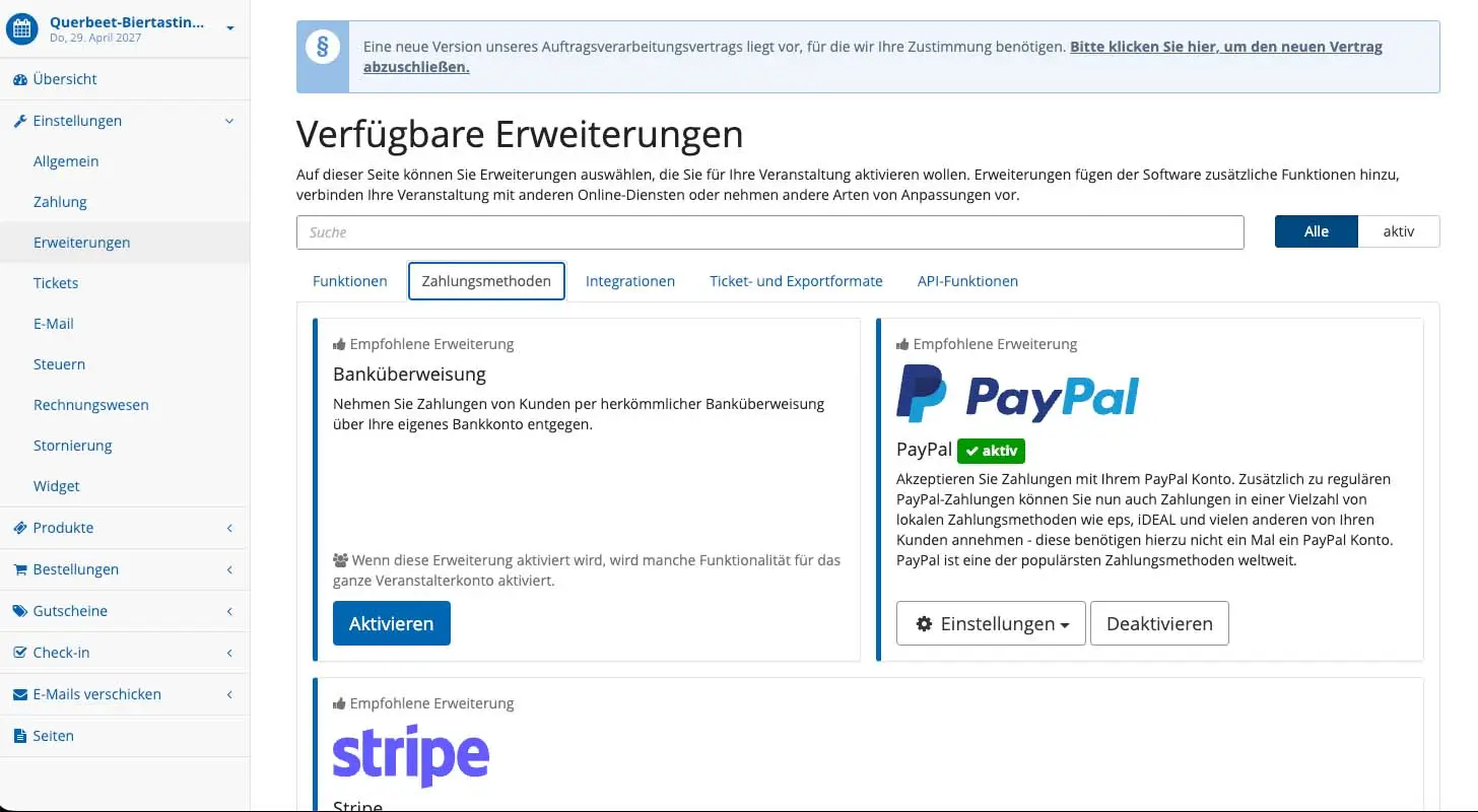 VR Ticket Erweiterungen: Zahlungsmethoden wie PayPal, Stripe und Banküberweisung für den Ticketshop aktivieren
