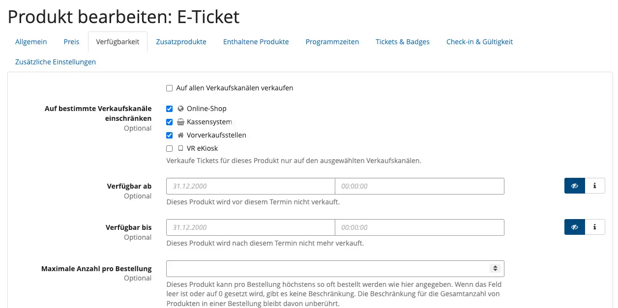 VR Ticket Produkteinstellungen: Verkaufskanäle wie Online-Shop, Kassensystem und Vorverkaufsstellen für ein E-Ticket festlegen